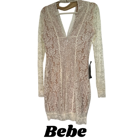 bebe Dresses & Skirts - Bebe‎ lace dress with neutral slip, lots of stretch, long sleeve, NWT - 10